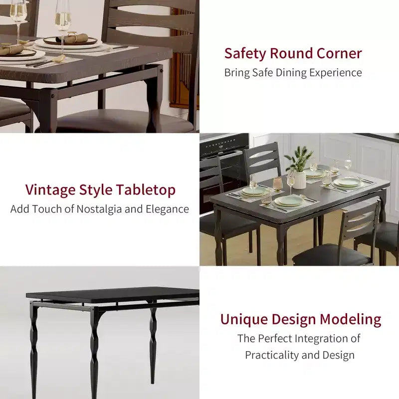 5 Piece Dining Table Set, Industrial Style Dining Table and Chairs Set for 4, Kitchen Table Set for Dining Room Kitchen Apartment