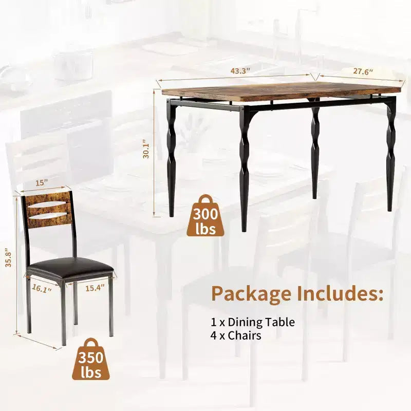5 Piece Dining Table Set, Industrial Style Dining Table and Chairs Set for 4, Kitchen Table Set for Dining Room Kitchen Apartment