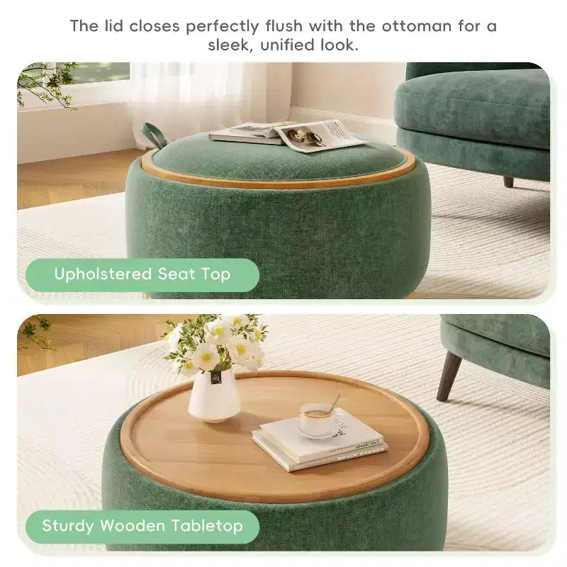GDFStudio Carson Modern Chenille Upholstered Round Storage Ottoman Coffee Table with Reversible Lid