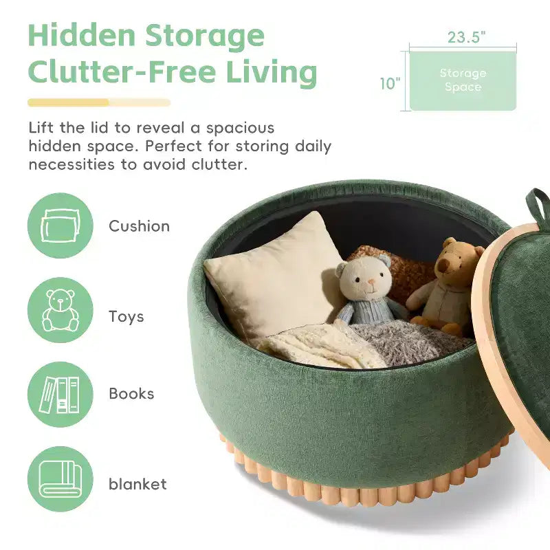 GDFStudio Carson Modern Chenille Upholstered Round Storage Ottoman Coffee Table with Reversible Lid