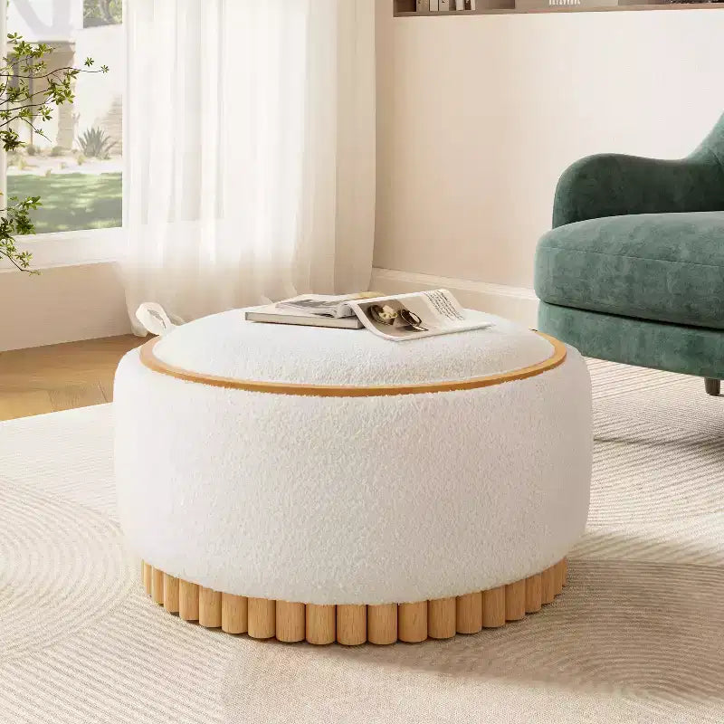 GDFStudio Carson Modern Chenille Upholstered Round Storage Ottoman Coffee Table with Reversible Lid