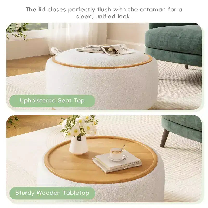 GDFStudio Carson Modern Chenille Upholstered Round Storage Ottoman Coffee Table with Reversible Lid