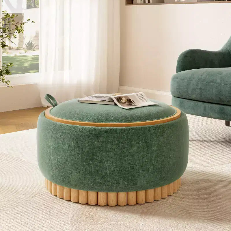 GDFStudio Carson Modern Chenille Upholstered Round Storage Ottoman Coffee Table with Reversible Lid