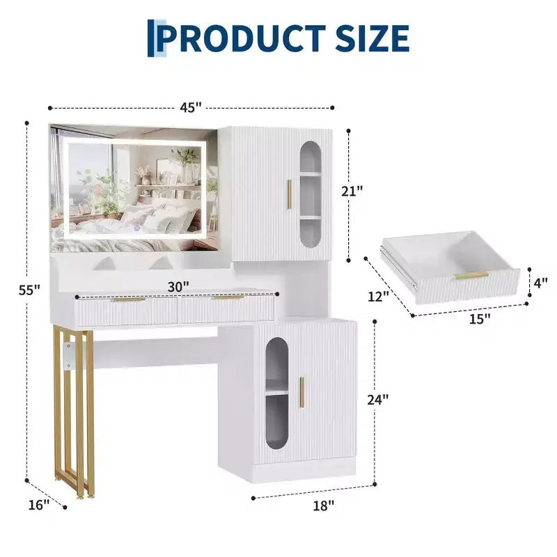 COZONY Fluted Makeup Vanity Desk with Lighted Mirror, Charging Station, Drawers & Storage Cabinets