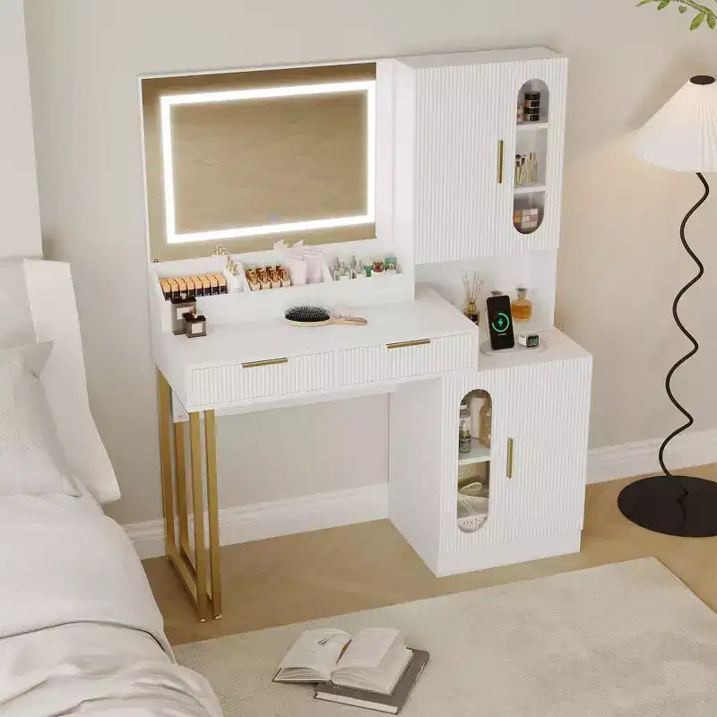 COZONY Fluted Makeup Vanity Desk with Lighted Mirror, Charging Station, Drawers & Storage Cabinets