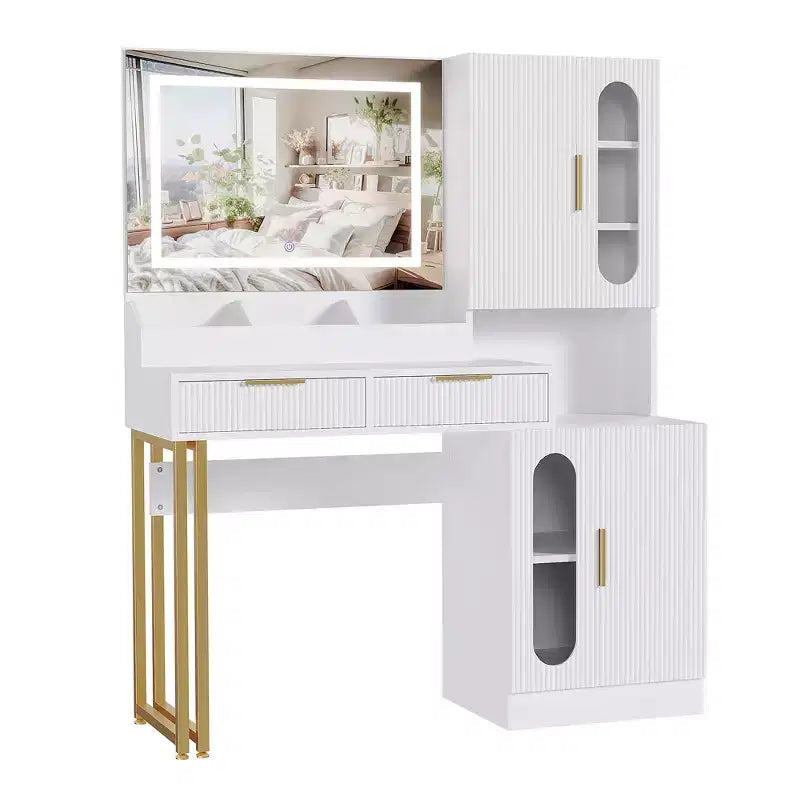 COZONY Fluted Makeup Vanity Desk with Lighted Mirror, Charging Station, Drawers & Storage Cabinets