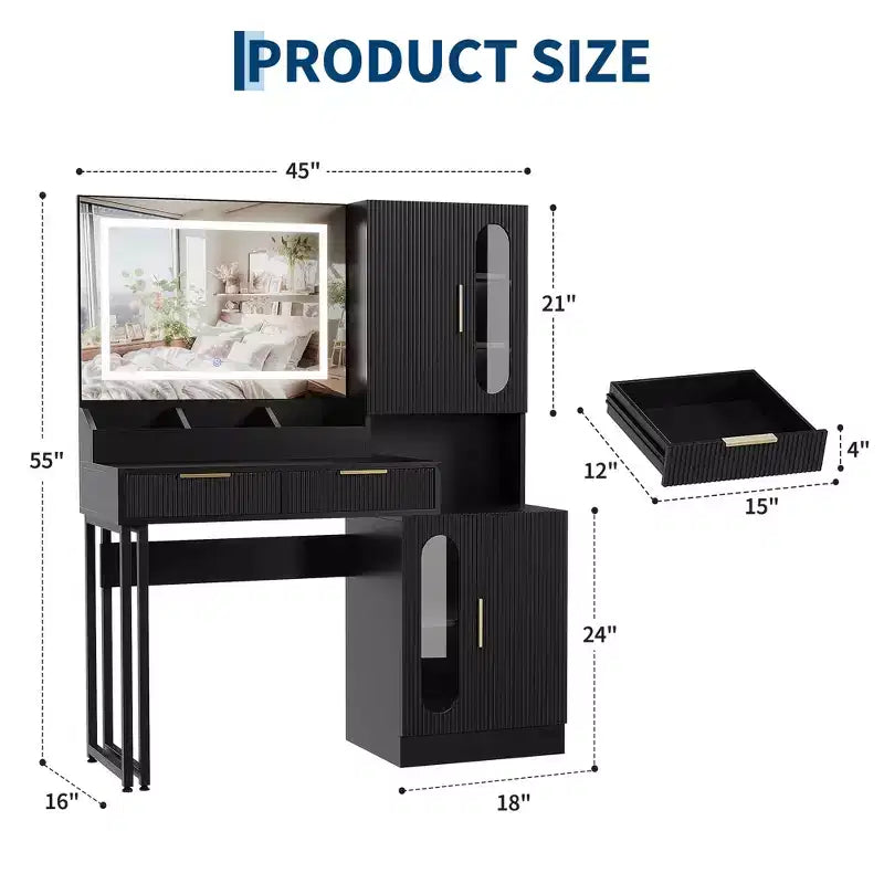 COZONY Fluted Makeup Vanity Desk with Lighted Mirror, Charging Station, Drawers & Storage Cabinets