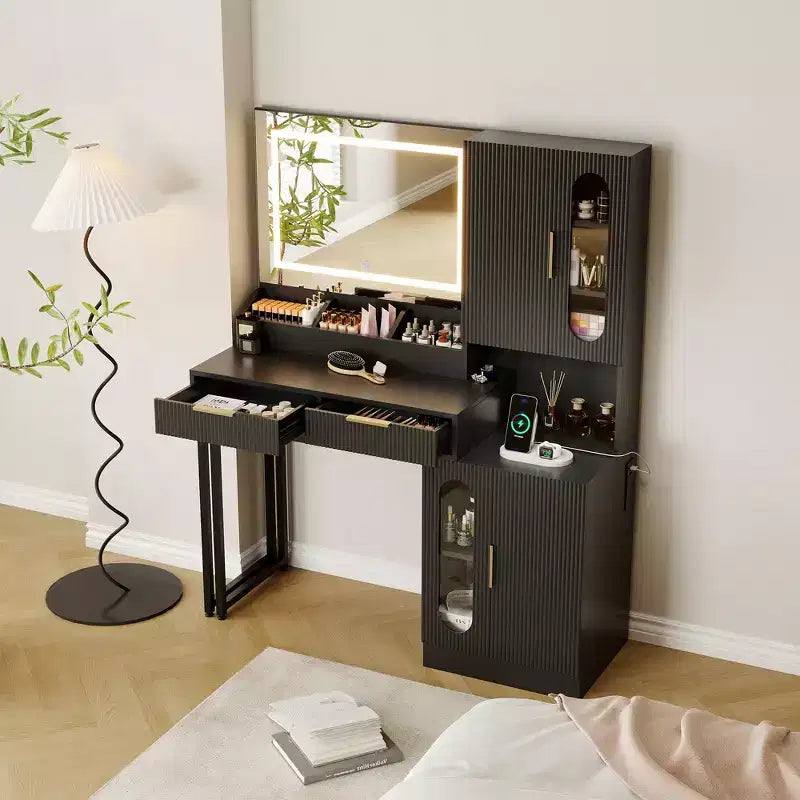 COZONY Fluted Makeup Vanity Desk with Lighted Mirror, Charging Station, Drawers & Storage Cabinets