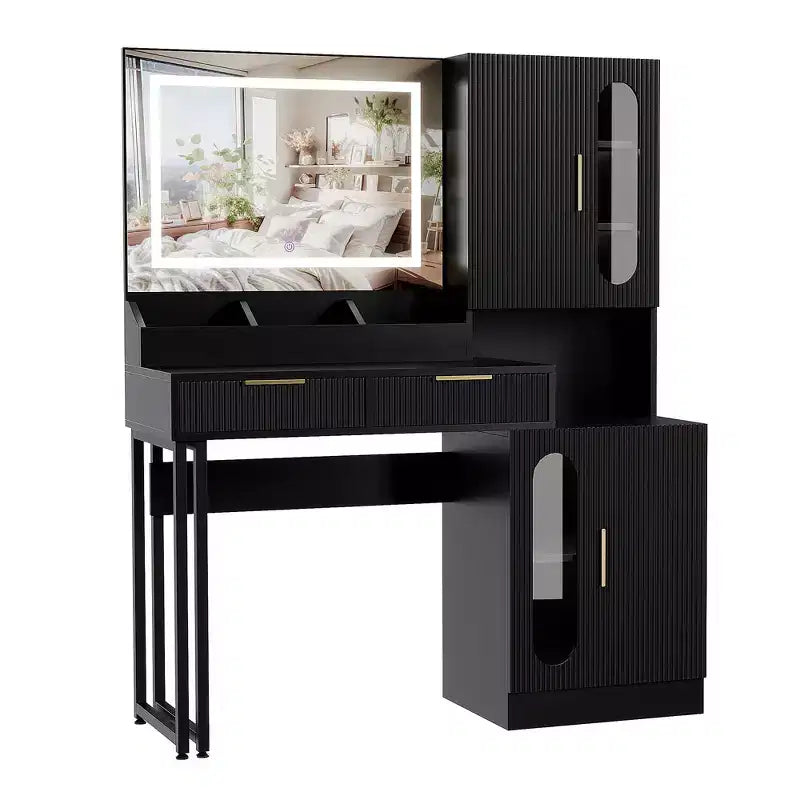 COZONY Fluted Makeup Vanity Desk with Lighted Mirror, Charging Station, Drawers & Storage Cabinets