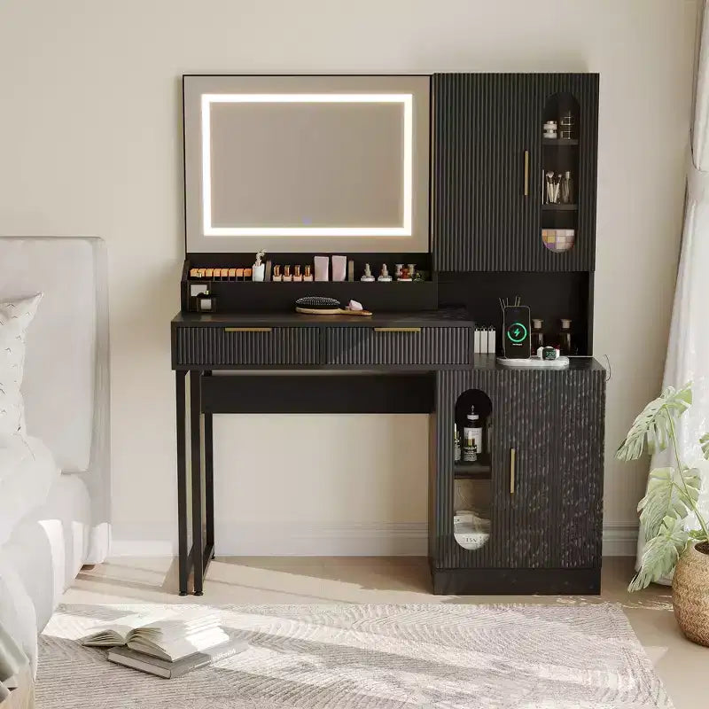 COZONY Fluted Makeup Vanity Desk with Lighted Mirror, Charging Station, Drawers & Storage Cabinets