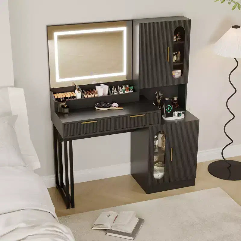 COZONY Fluted Makeup Vanity Desk with Lighted Mirror, Charging Station, Drawers & Storage Cabinets