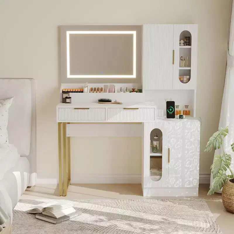 COZONY Coiffeuse cannelée avec miroir éclairé, station de charge, tiroirs et armoires de rangement