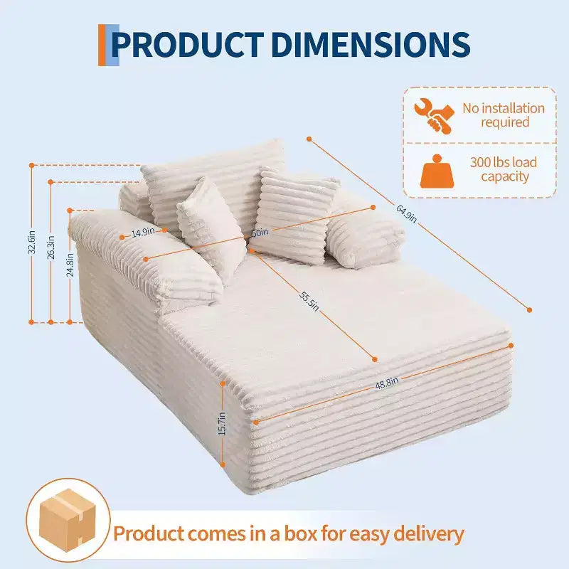 48.8'' Corduroy Chaise Lounge Chair Indoor, Boneless Sofa Bed, Oversized Sleeper Sofa, Cloud Couch Reading Chair for Living Room, No Assembly