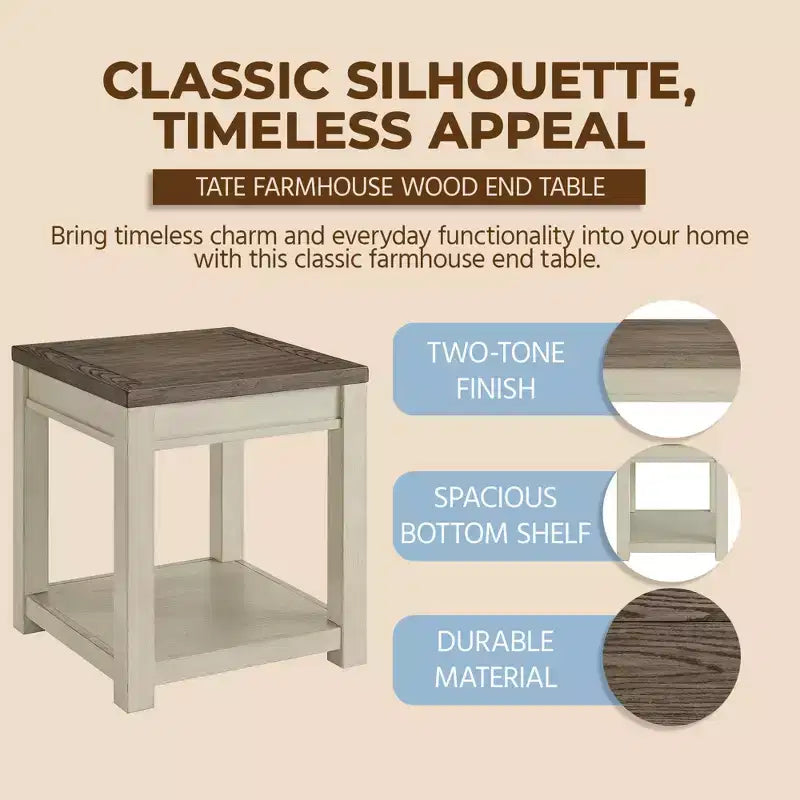 ROME + OAK Tate Farmhouse Wood End Table with Shelf, Weathered Brown and Cream