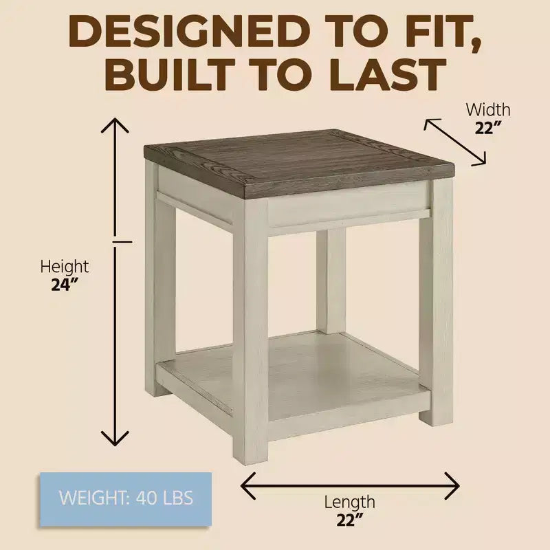 ROME + OAK Tate Farmhouse Wood End Table with Shelf, Weathered Brown and Cream