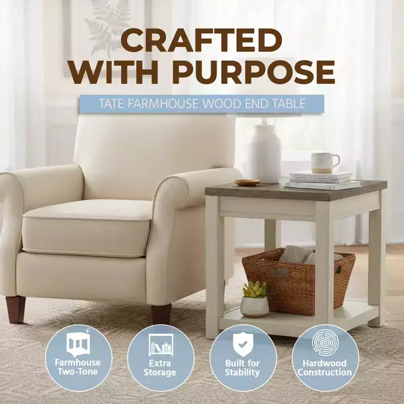 ROME + OAK Tate Farmhouse Wood End Table with Shelf, Weathered Brown and Cream