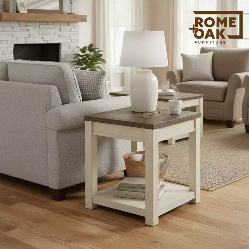 ROME + OAK Tate Farmhouse Wood End Table with Shelf, Weathered Brown and Cream