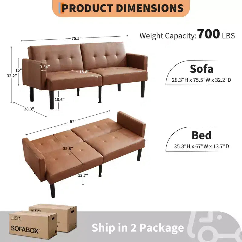 75.5 Convertible Futon Sofa Bed, PU Leather Upholstered Futon Couch with Strong Legs, Mid Century Sleeper Sofa, Comfy Loveseat for Living Room