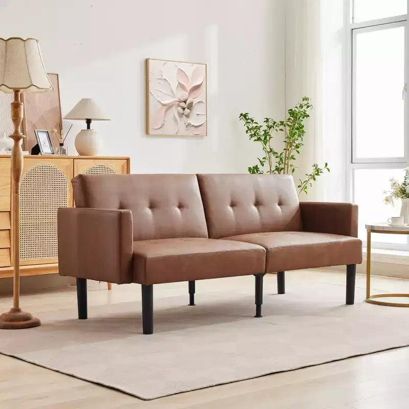 75.5 Convertible Futon Sofa Bed, PU Leather Upholstered Futon Couch with Strong Legs, Mid Century Sleeper Sofa, Comfy Loveseat for Living Room