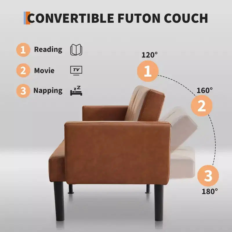 75.5 Convertible Futon Sofa Bed, PU Leather Upholstered Futon Couch with Strong Legs, Mid Century Sleeper Sofa, Comfy Loveseat for Living Room