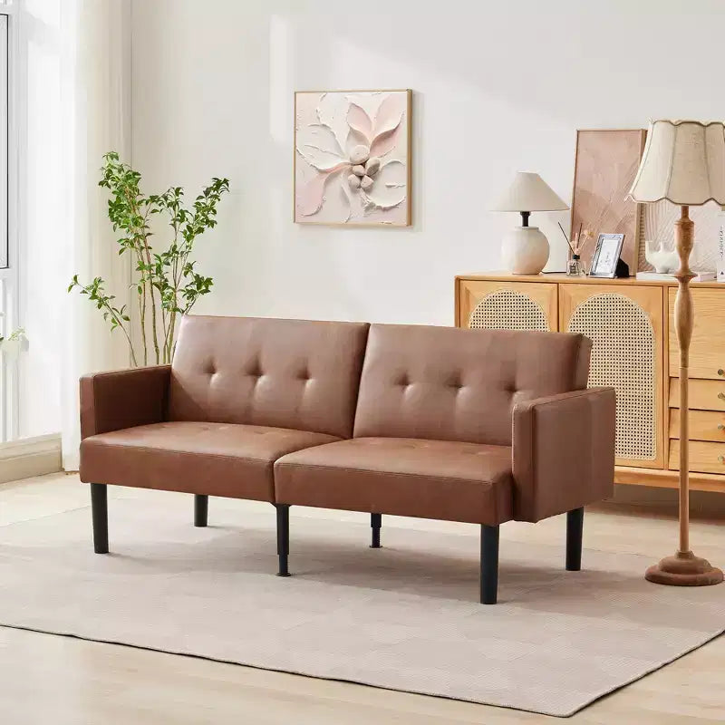 75.5 Convertible Futon Sofa Bed, PU Leather Upholstered Futon Couch with Strong Legs, Mid Century Sleeper Sofa, Comfy Loveseat for Living Room