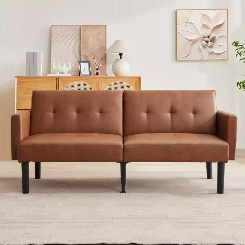 75.5 Convertible Futon Sofa Bed, PU Leather Upholstered Futon Couch with Strong Legs, Mid Century Sleeper Sofa, Comfy Loveseat for Living Room
