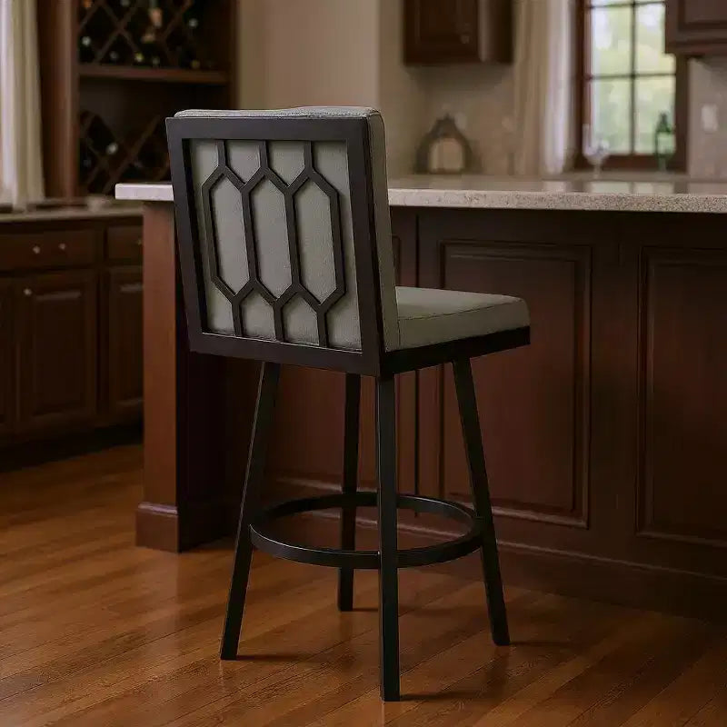 HomeRoots 30 Gray And Black Faux Leather And Iron Swivel Bar Height Bar Chair