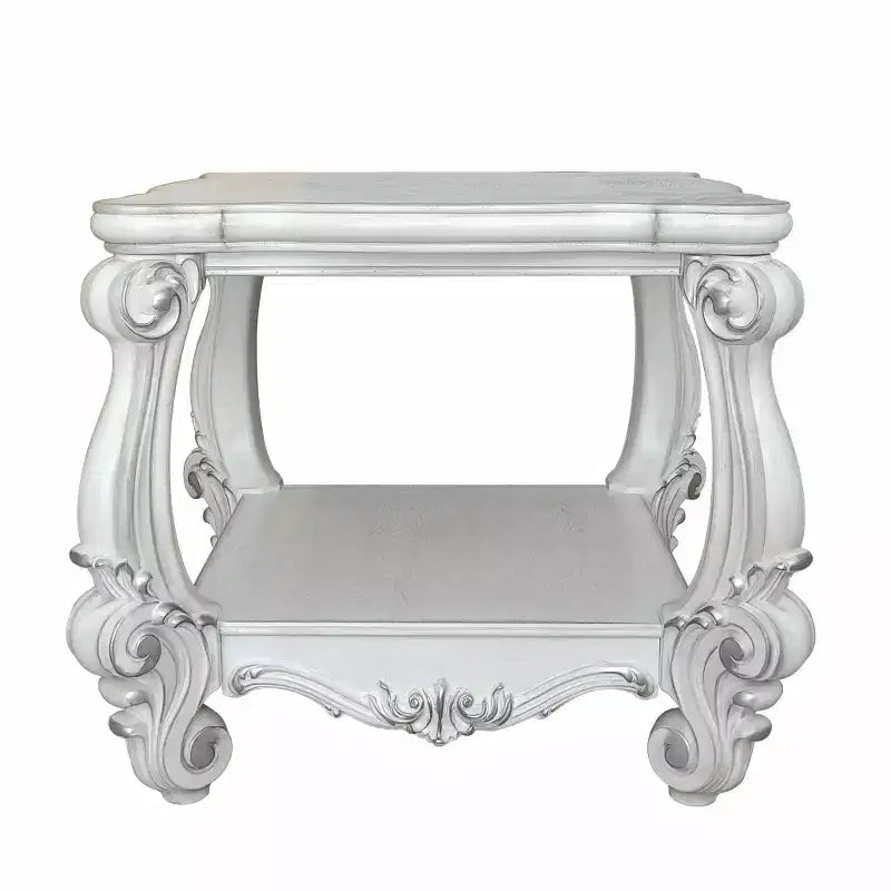 HomeRoots 26 Antiqued White Manufactured Wood Square Scroll End Table With Shelf
