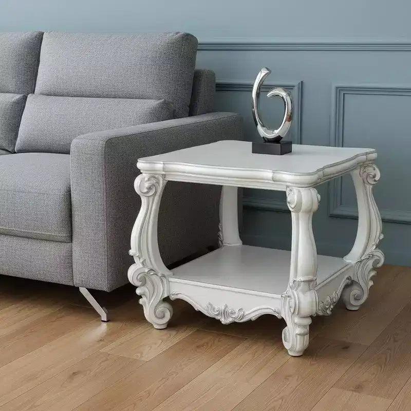 HomeRoots 26 Antiqued White Manufactured Wood Square Scroll End Table With Shelf