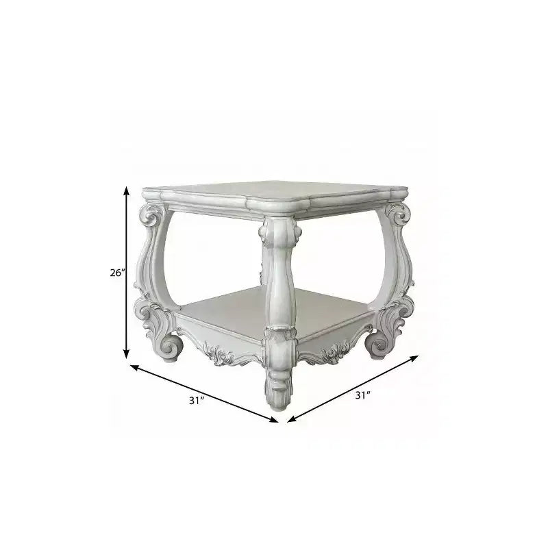 HomeRoots 26 Antiqued White Manufactured Wood Square Scroll End Table With Shelf