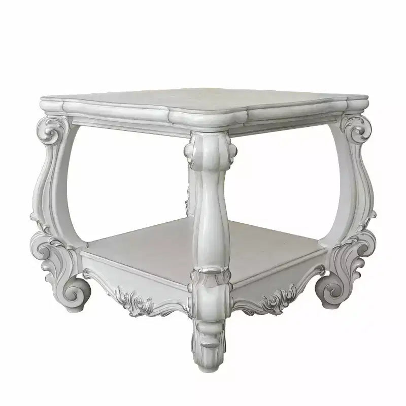 HomeRoots 26 Antiqued White Manufactured Wood Square Scroll End Table With Shelf