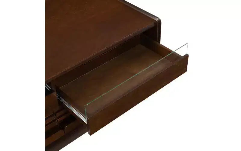 JVNOXK 47.2-inch Modern Wooden Rectangular Coffee Table with 4 Drawers and 2 Display Shelves, Tempered Glass Top, Suitable for Living Room, Brown
