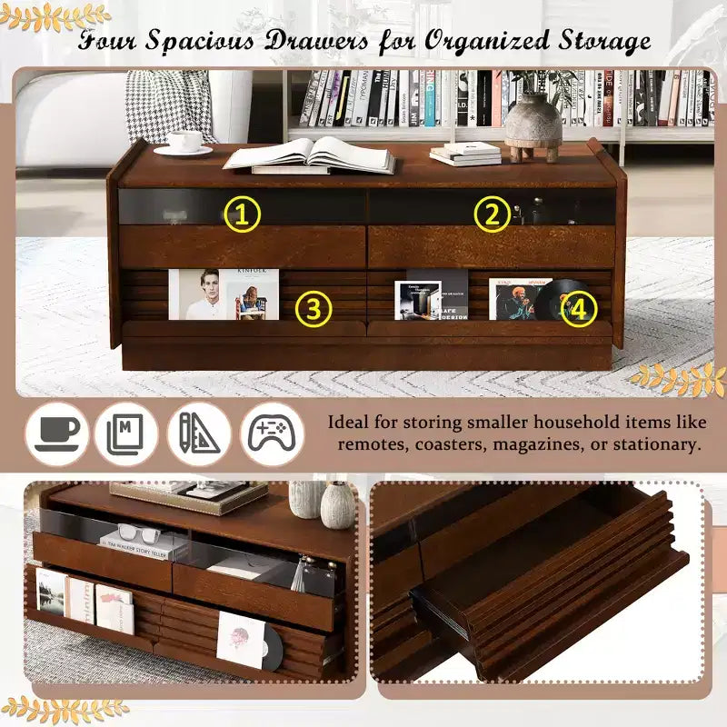 JVNOXK 47.2-inch Modern Wooden Rectangular Coffee Table with 4 Drawers and 2 Display Shelves, Tempered Glass Top, Suitable for Living Room, Brown