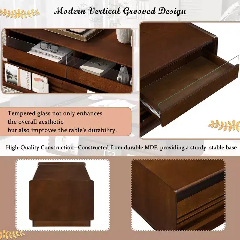 JVNOXK 47.2-inch Modern Wooden Rectangular Coffee Table with 4 Drawers and 2 Display Shelves, Tempered Glass Top, Suitable for Living Room, Brown