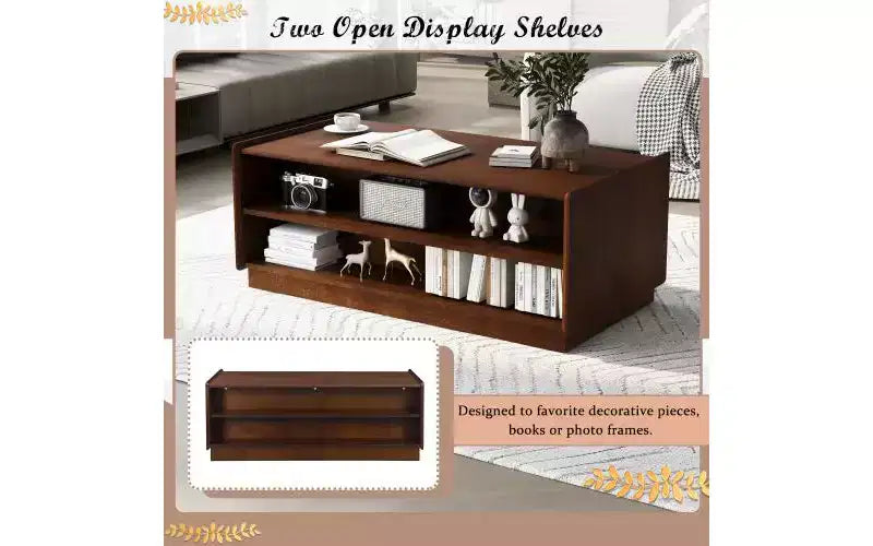 JVNOXK 47.2-inch Modern Wooden Rectangular Coffee Table with 4 Drawers and 2 Display Shelves, Tempered Glass Top, Suitable for Living Room, Brown