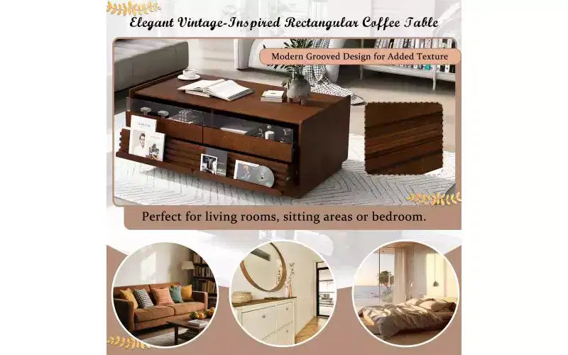 JVNOXK 47.2-inch Modern Wooden Rectangular Coffee Table with 4 Drawers and 2 Display Shelves, Tempered Glass Top, Suitable for Living Room, Brown