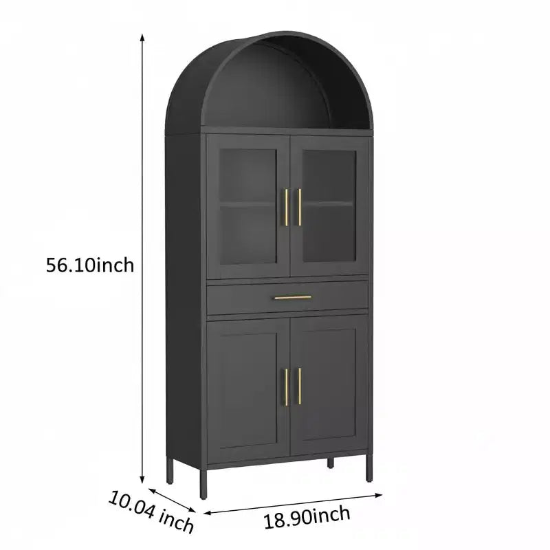 Arched Cabinet with Glass Doors, Metal Kitchen Pantry, Modern Display Bookcase for Living Room, Dining Room or Kitchen