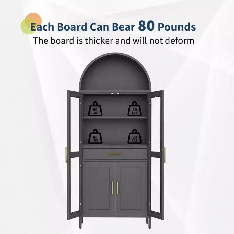 Arched Cabinet with Glass Doors, Metal Kitchen Pantry, Modern Display Bookcase for Living Room, Dining Room or Kitchen