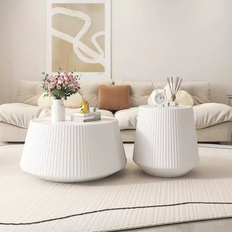 Modern Round End Table with PU Leather Finish, White Sintered Stone Top, Stylish Accent Side Table for Living Room or Small Spaces-Panipeachy