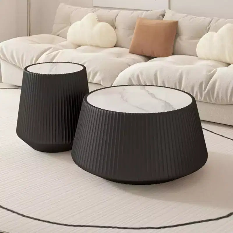 Modern Round End Table with PU Leather Finish, White Sintered Stone Top, Stylish Accent Side Table for Living Room or Small Spaces-Panipeachy