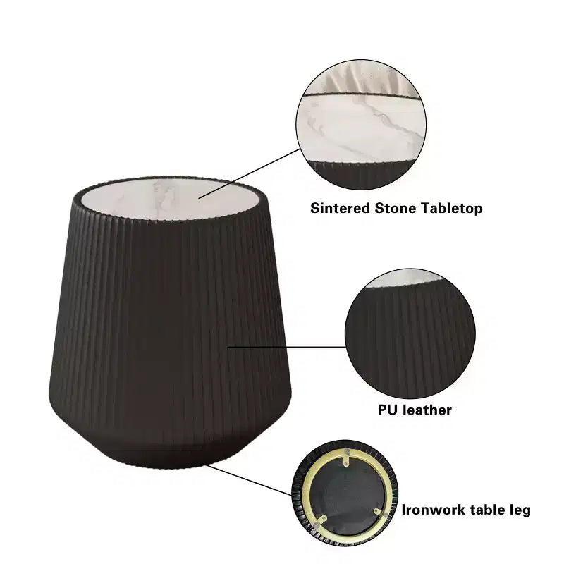Modern Round End Table with PU Leather Finish, White Sintered Stone Top, Stylish Accent Side Table for Living Room or Small Spaces-Panipeachy