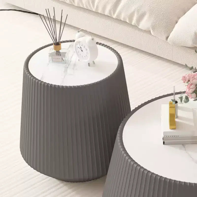 Modern Round End Table with PU Leather Finish, White Sintered Stone Top, Stylish Accent Side Table for Living Room or Small Spaces-Panipeachy