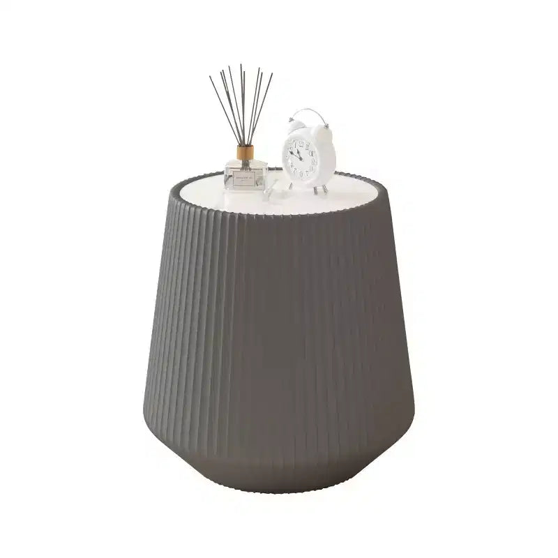 Modern Round End Table with PU Leather Finish, White Sintered Stone Top, Stylish Accent Side Table for Living Room or Small Spaces-Panipeachy