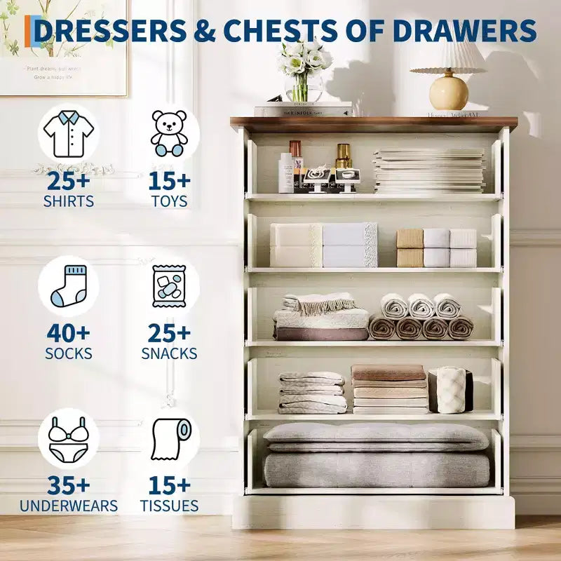 Fluted 5-Drawer Tall Dresser, Modern Vertical Storage Chest for Bedroom, Slim Wood Dresser with Metal Handles for Small Spaces & Apartments