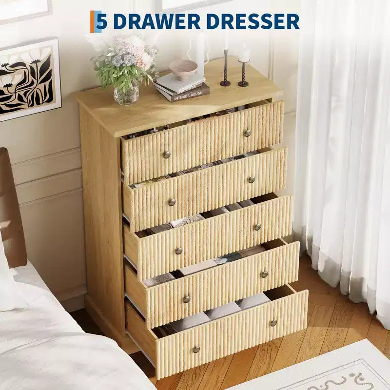 Fluted 5-Drawer Tall Dresser, Modern Vertical Storage Chest for Bedroom, Slim Wood Dresser with Metal Handles for Small Spaces & Apartments
