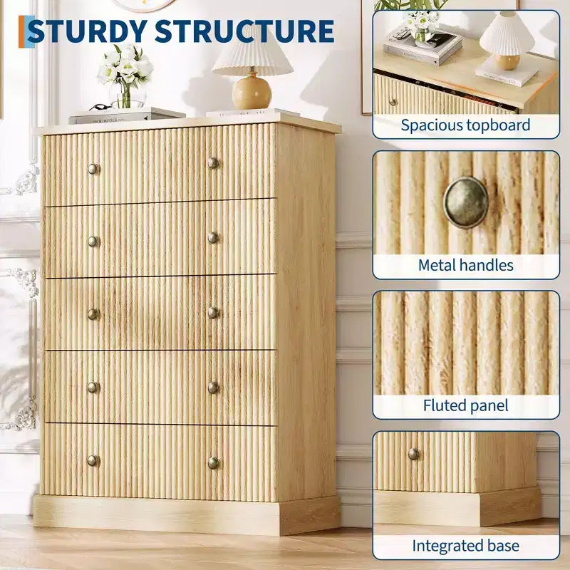 Fluted 5-Drawer Tall Dresser, Modern Vertical Storage Chest for Bedroom, Slim Wood Dresser with Metal Handles for Small Spaces & Apartments