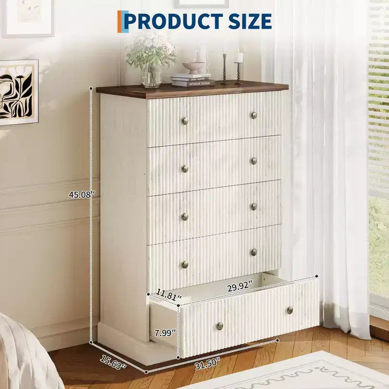 Fluted 5-Drawer Tall Dresser, Modern Vertical Storage Chest for Bedroom, Slim Wood Dresser with Metal Handles for Small Spaces & Apartments