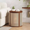 JVNOXK 15.70-inch round accent table, openwork weave Small rubberwood nightstand Rattan coffee table, wood tabletop Dark brown
