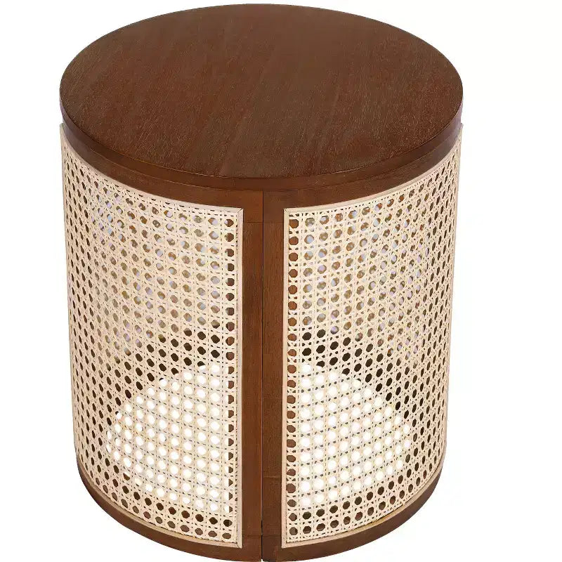 JVNOXK 15.70-inch round accent table, openwork weave Small rubberwood nightstand Rattan coffee table, wood tabletop Dark brown