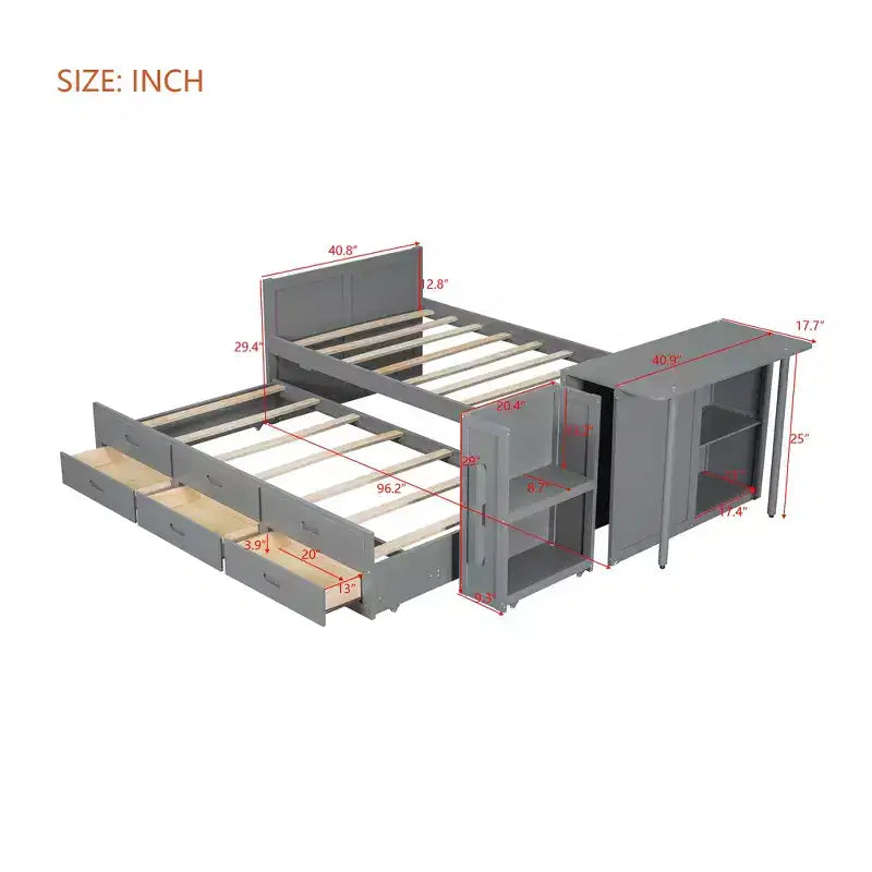Whisen Twin Size Multifunctional Wood Platform Bed with Desk and Storage Shelf, Built-in Trundle and 3 Drawers